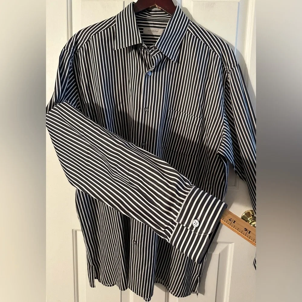 ERMENEGILDO ZEGNA XXL Made Italy Charcoal White Stripe Button Down No Tuck Shirt - Picture 13 of 13